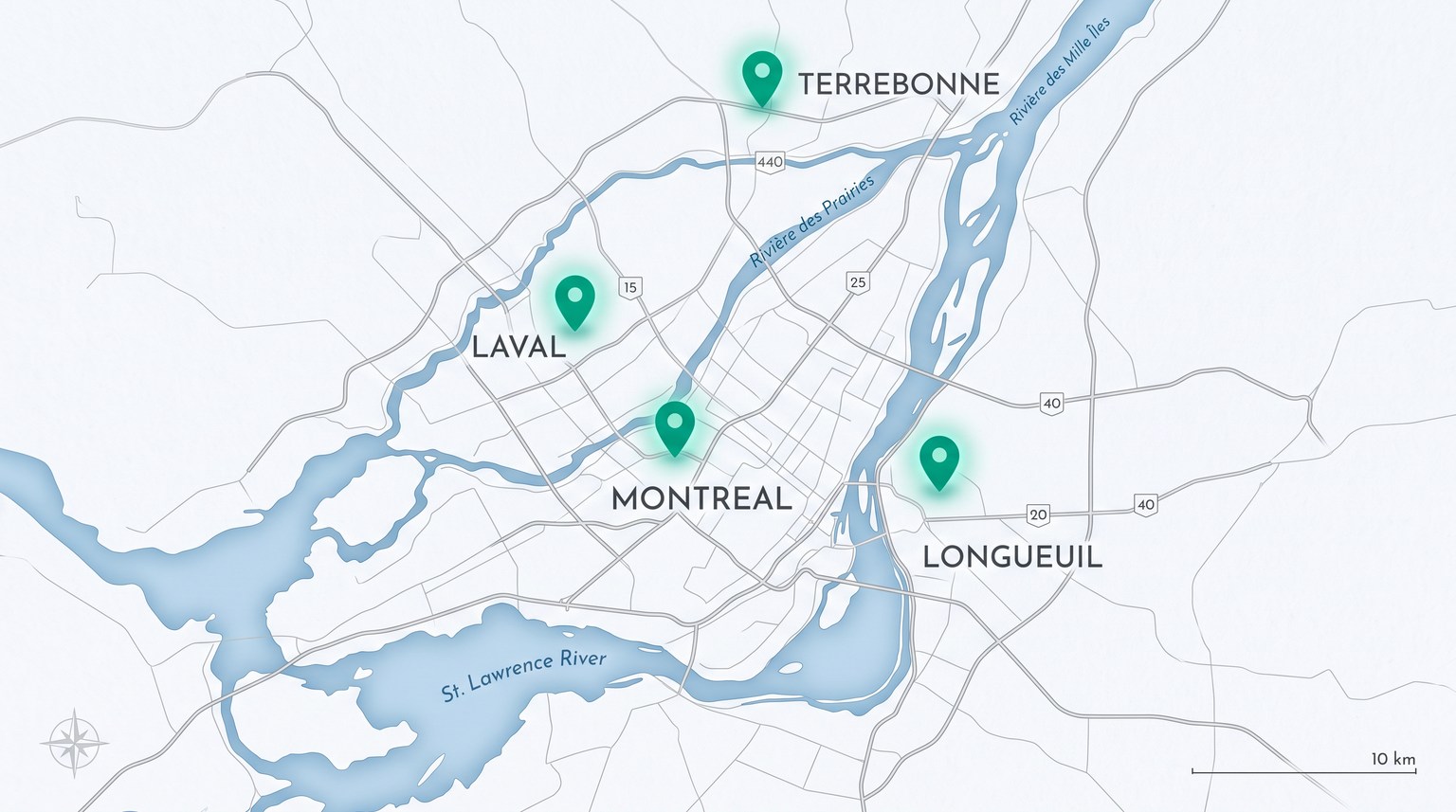 Carte du grand Montréal : Montréal au centre, Laval au nord, Longueuil au sud et Terrebonne au nord de la ville identifiés
