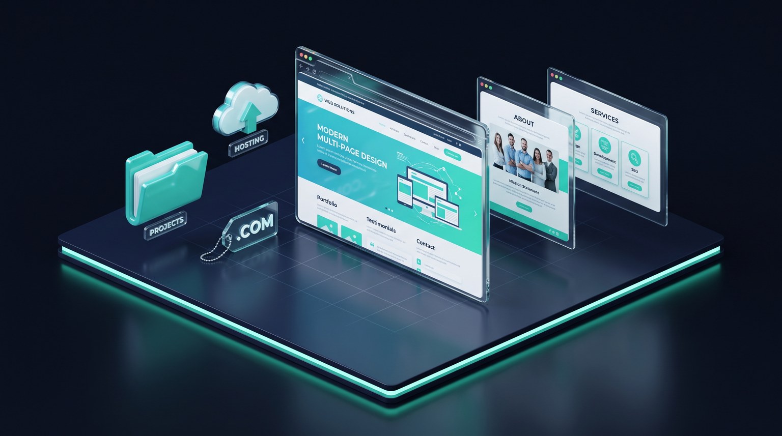 Illustration 3D isométrique du forfait Service — un site multipage avec pages latérales, dossier de pages, hébergement en nuage et vignette du domaine, sur un socle sombre lumineux.