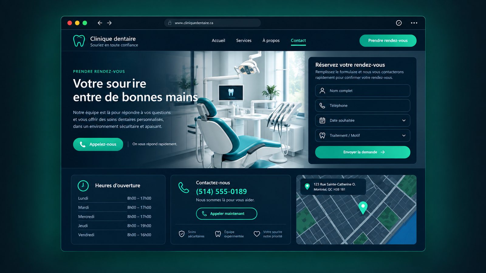 Maquette générique — page de contact et rendez-vous du secteur : Clinique dentaire