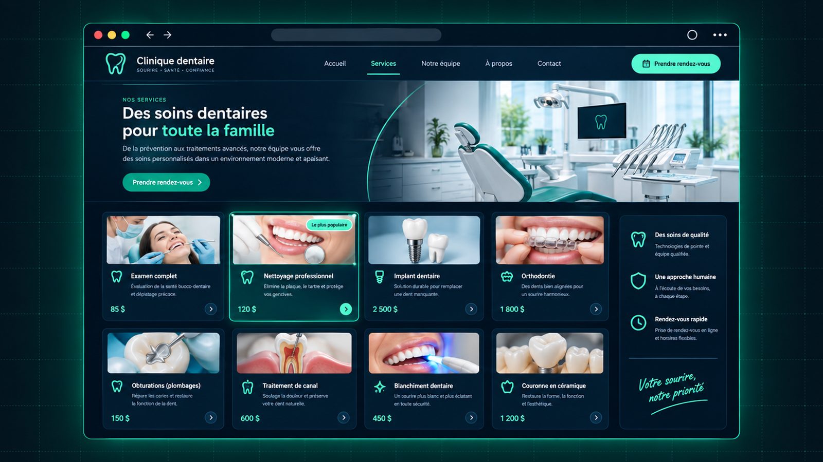 Maquette générique — page de services du secteur : Clinique dentaire