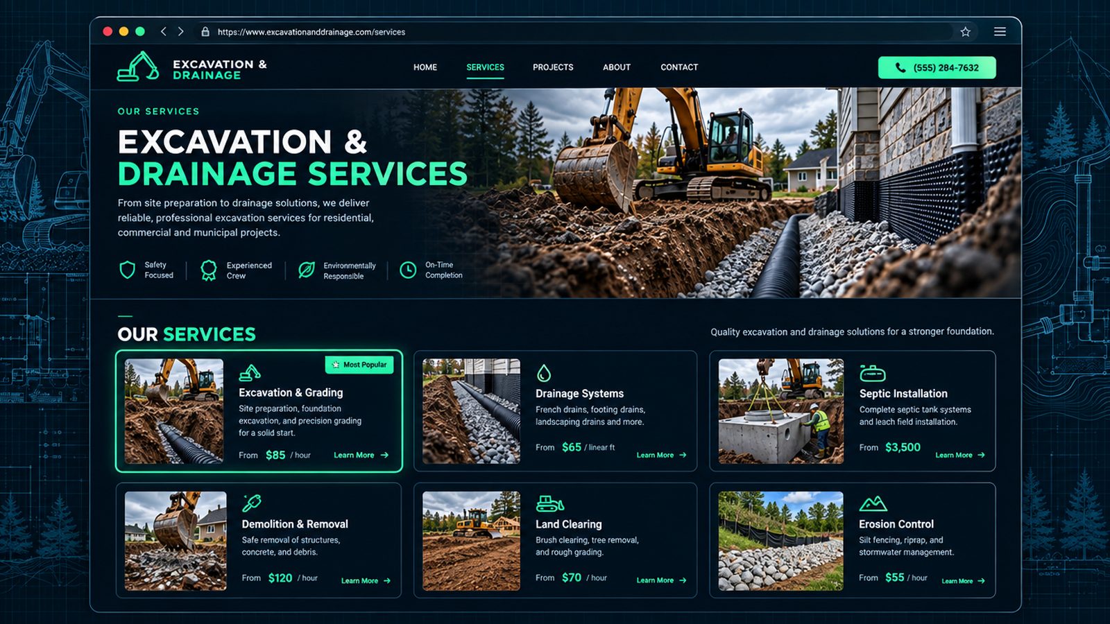Maquette générique — page de services du secteur : Excavation & drainage