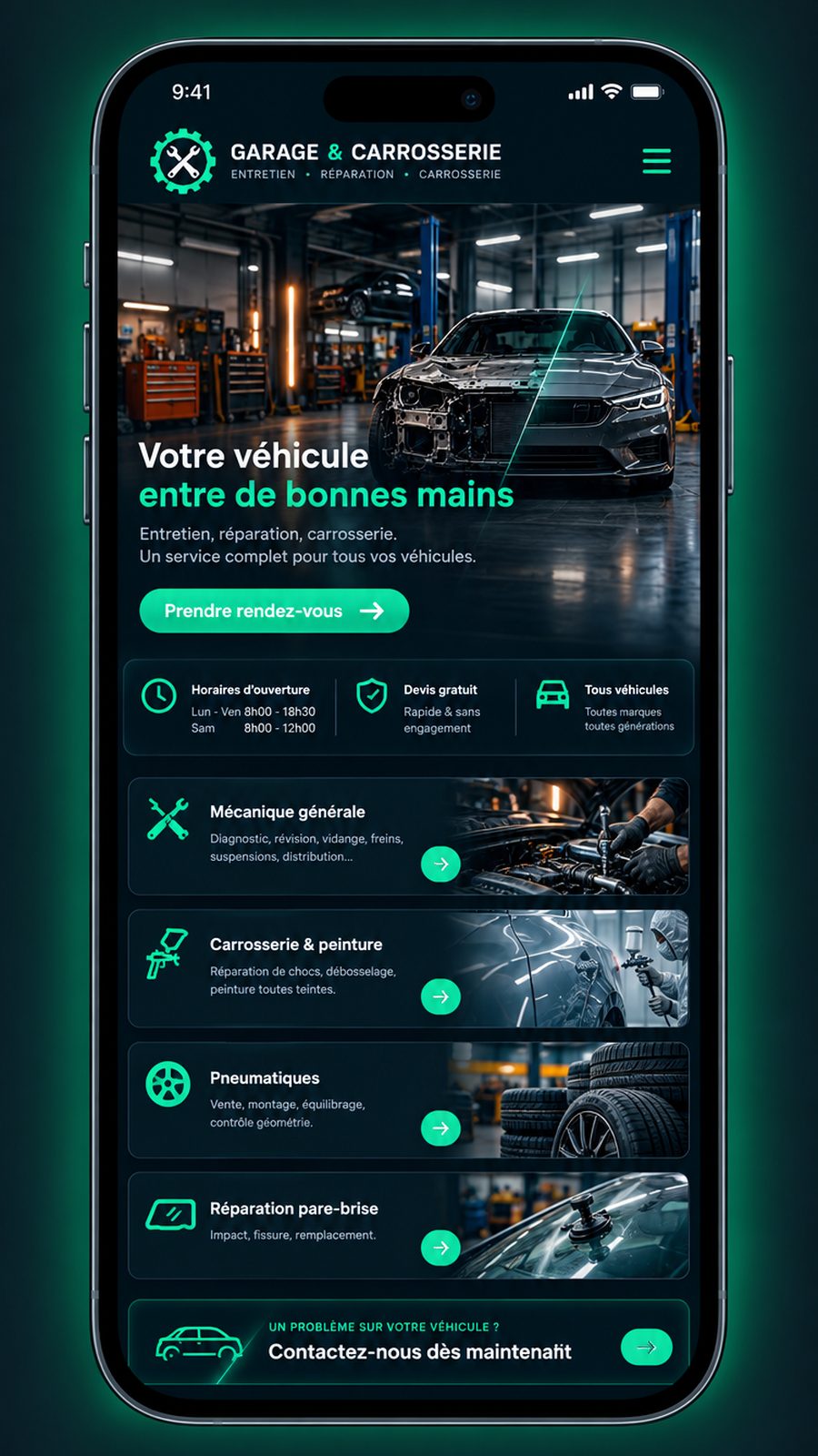 Maquette générique — écran mobile du secteur : Garage & carrosserie