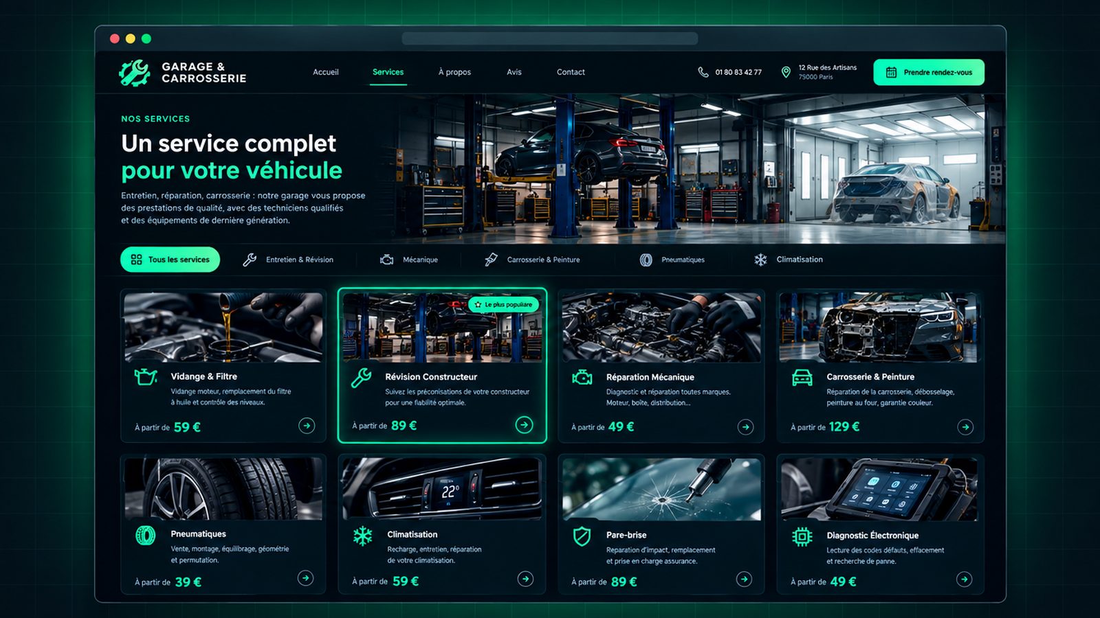 Maquette générique — page de services du secteur : Garage & carrosserie