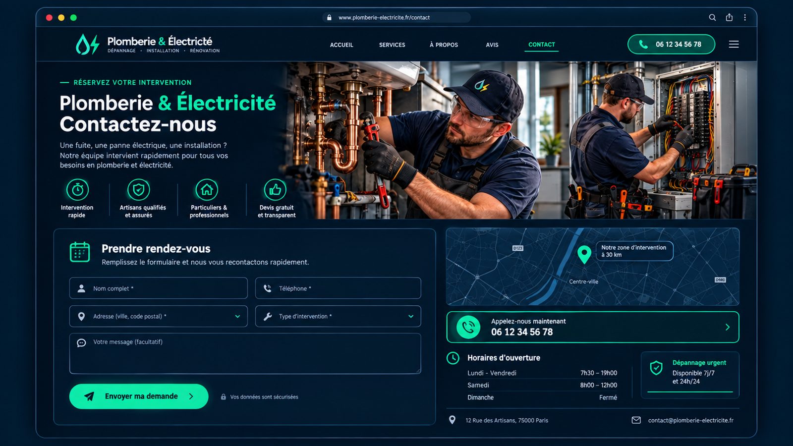 Maquette générique — page de contact et rendez-vous du secteur : Plomberie & électricité