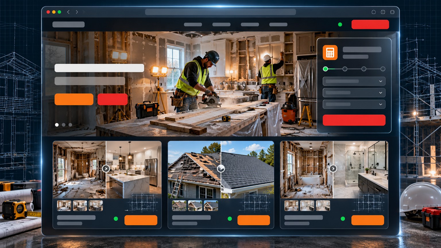 Maquette d'interface générique pour une entreprise de construction et rénovation : fenêtre solide, photo de chantier avec vestes de sécurité, cartes de projets avant-après et barre de soumission