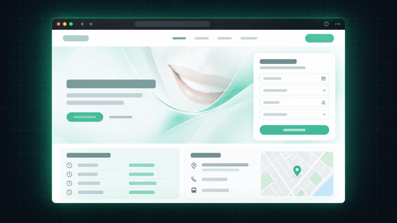 Maquette d'interface générique pour une clinique dentaire : fenêtre claire, panneau d'accueil doux, formulaire de rendez-vous à champs simplifiés, horaires listés et petit plan d'accès à l'adresse fictive