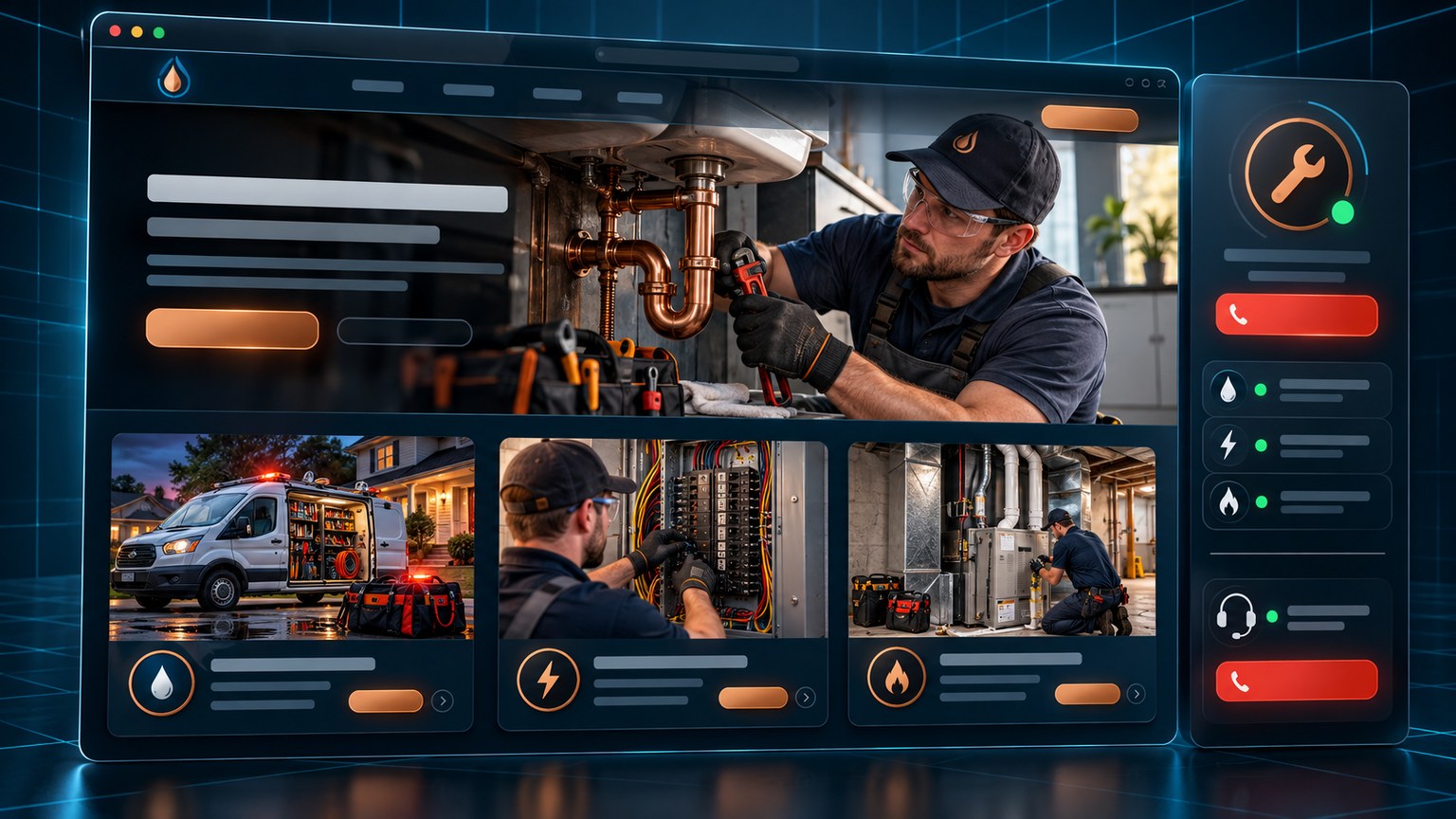 Maquette d'interface générique pour un service de plomberie et d'électricité : fenêtre nette, photo d'intervention réelle, cartes d'urgence 24/7 et forfaits